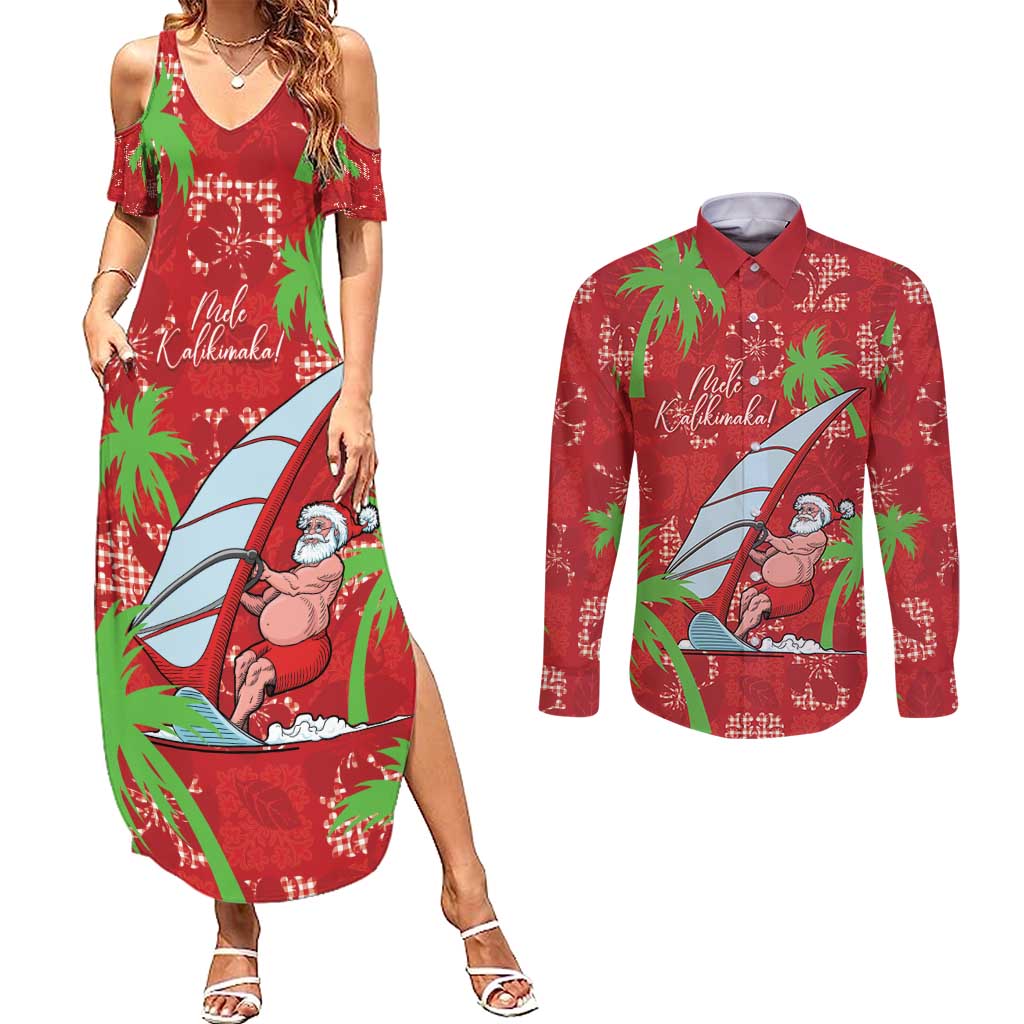 Aloha Hawaii Christmas Couples Matching Summer Maxi Dress and Long Sleeve Button Shirt Mele Kalikimaka Windsurfing Santa Palaka Quilt Motifs LT14 Red - Polynesian Pride