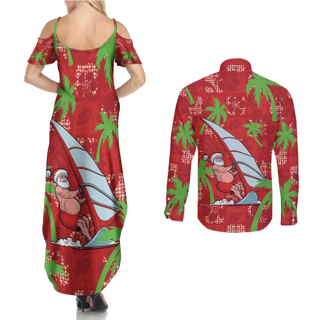 Aloha Hawaii Christmas Couples Matching Summer Maxi Dress and Long Sleeve Button Shirt Mele Kalikimaka Windsurfing Santa Palaka Quilt Motifs LT14 - Polynesian Pride
