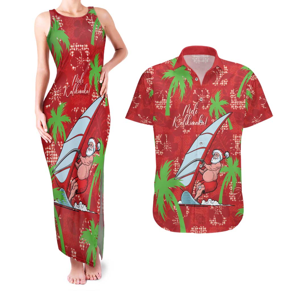 Aloha Hawaii Christmas Couples Matching Tank Maxi Dress and Hawaiian Shirt Mele Kalikimaka Windsurfing Santa Palaka Quilt Motifs LT14 Red - Polynesian Pride