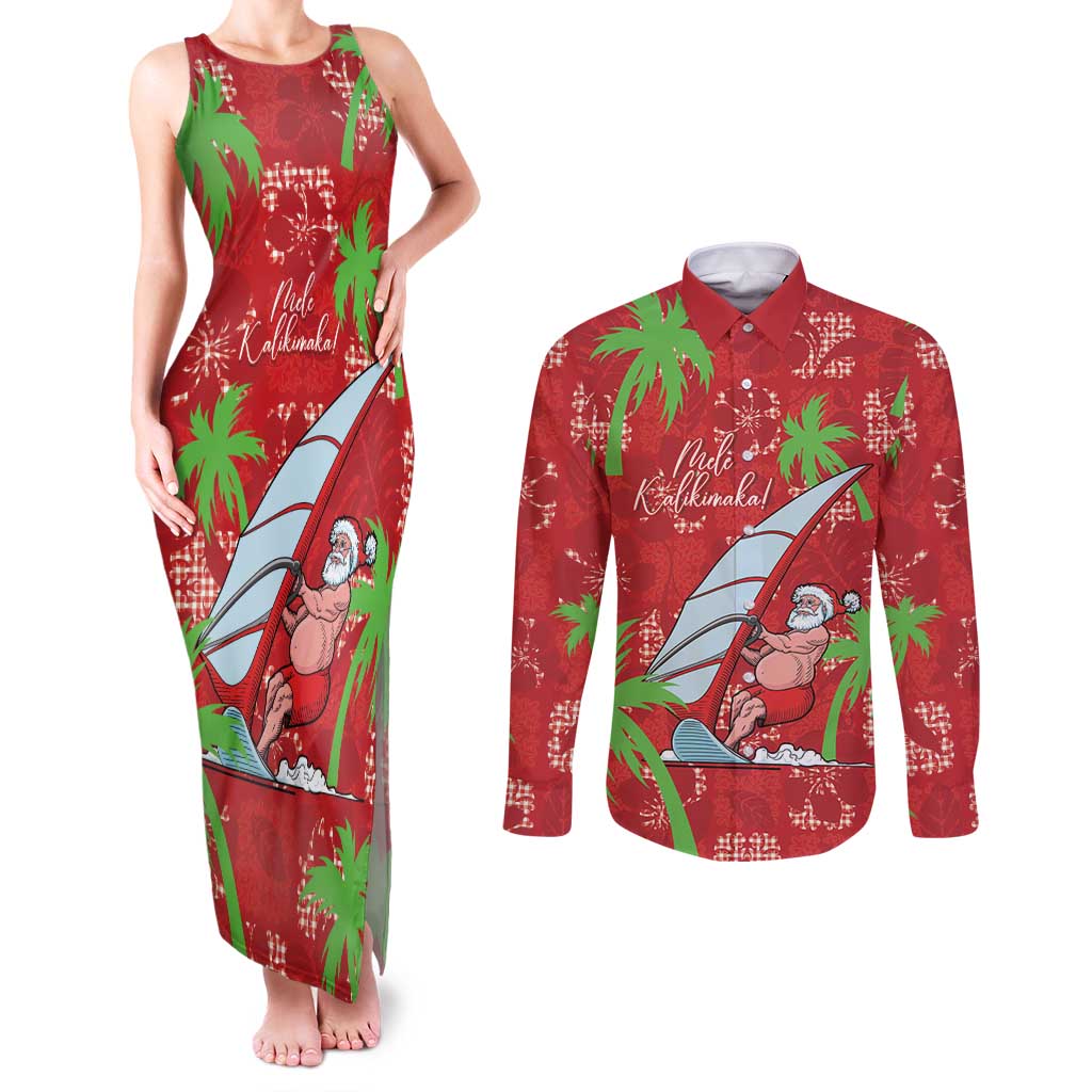 Aloha Hawaii Christmas Couples Matching Tank Maxi Dress and Long Sleeve Button Shirt Mele Kalikimaka Windsurfing Santa Palaka Quilt Motifs LT14 Red - Polynesian Pride
