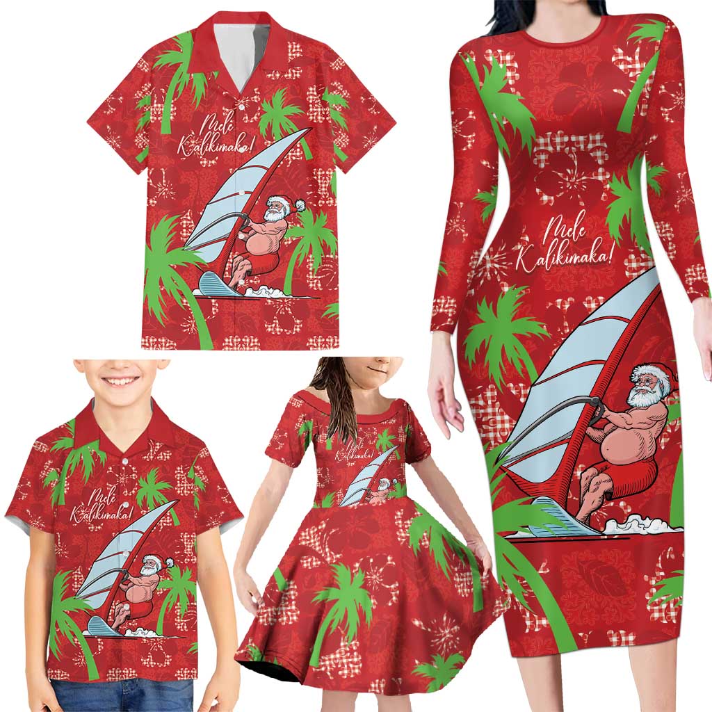 Aloha Hawaii Christmas Family Matching Long Sleeve Bodycon Dress and Hawaiian Shirt Mele Kalikimaka Windsurfing Santa Palaka Quilt Motifs LT14 - Polynesian Pride