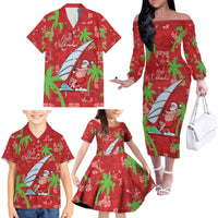 Aloha Hawaii Christmas Family Matching Off The Shoulder Long Sleeve Dress and Hawaiian Shirt Mele Kalikimaka Windsurfing Santa Palaka Quilt Motifs LT14 - Polynesian Pride