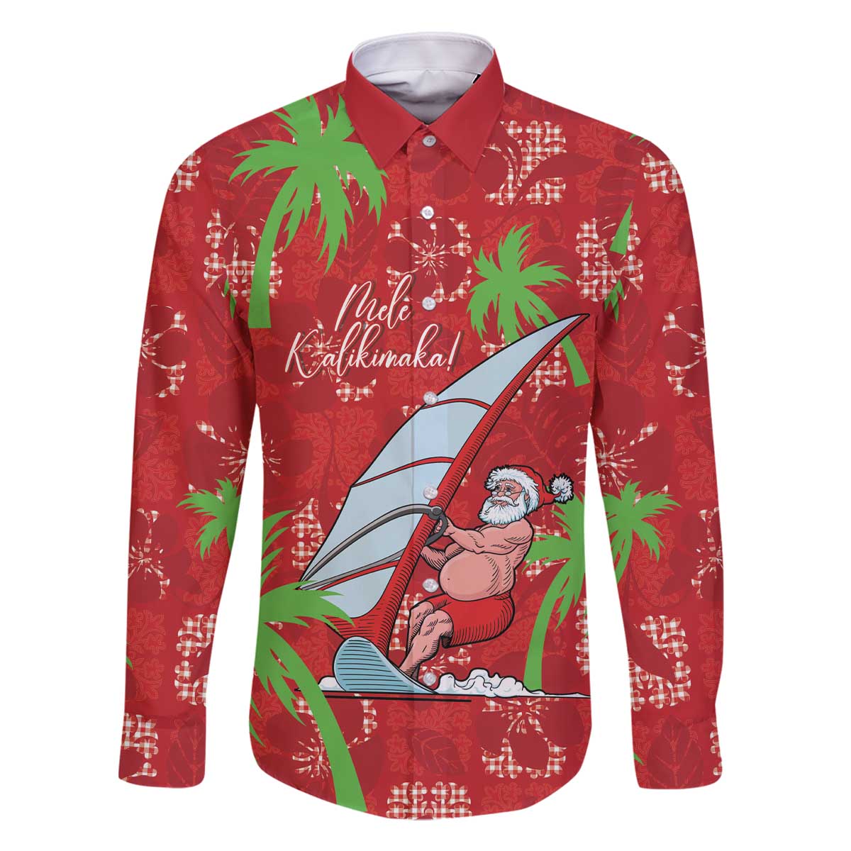 Aloha Hawaii Christmas Family Matching Off The Shoulder Long Sleeve Dress and Hawaiian Shirt Mele Kalikimaka Windsurfing Santa Palaka Quilt Motifs LT14 Dad's Shirt - Long Sleeve Red - Polynesian Pride