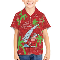 Aloha Hawaii Christmas Family Matching Off The Shoulder Long Sleeve Dress and Hawaiian Shirt Mele Kalikimaka Windsurfing Santa Palaka Quilt Motifs LT14 Son's Shirt Red - Polynesian Pride