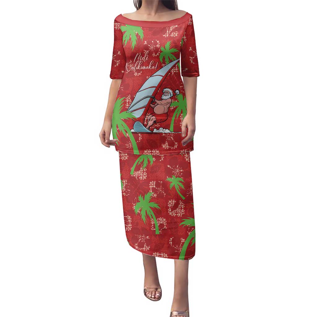 Aloha Hawaii Christmas Family Matching Puletasi and Hawaiian Shirt Mele Kalikimaka Windsurfing Santa Palaka Quilt Motifs LT14 Mom's Dress Red - Polynesian Pride