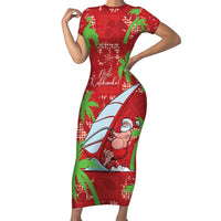 Aloha Hawaii Christmas Family Matching Short Sleeve Bodycon Dress and Hawaiian Shirt Mele Kalikimaka Windsurfing Santa Palaka Quilt Motifs LT14 Mom's Dress Red - Polynesian Pride