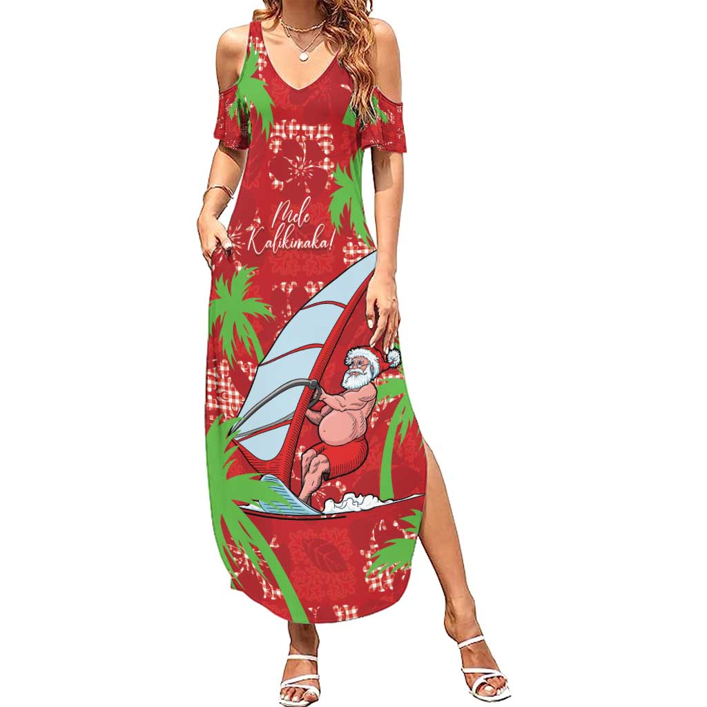 Aloha Hawaii Christmas Family Matching Summer Maxi Dress and Hawaiian Shirt Mele Kalikimaka Windsurfing Santa Palaka Quilt Motifs LT14 Mom's Dress Red - Polynesian Pride