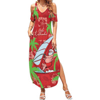 Aloha Hawaii Christmas Family Matching Summer Maxi Dress and Hawaiian Shirt Mele Kalikimaka Windsurfing Santa Palaka Quilt Motifs LT14 Mom's Dress Red - Polynesian Pride