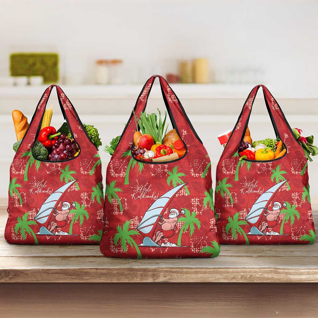 Aloha Hawaii Christmas Grocery Bag Mele Kalikimaka Windsurfing Santa Palaka Quilt Motifs - Polynesian Pride