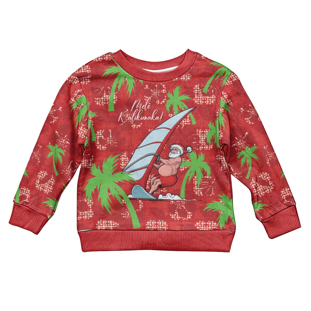 Aloha Hawaii Christmas Kid Ugly Christmas Sweater Mele Kalikimaka Windsurfing Santa Palaka Quilt Motifs - Polynesian Pride