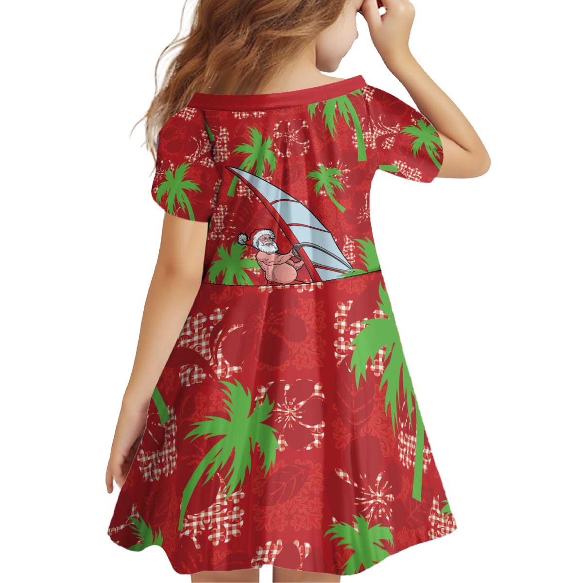 Aloha Hawaii Christmas Kid Short Sleeve Dress Mele Kalikimaka Windsurfing Santa Palaka Quilt Motifs LT14 - Polynesian Pride