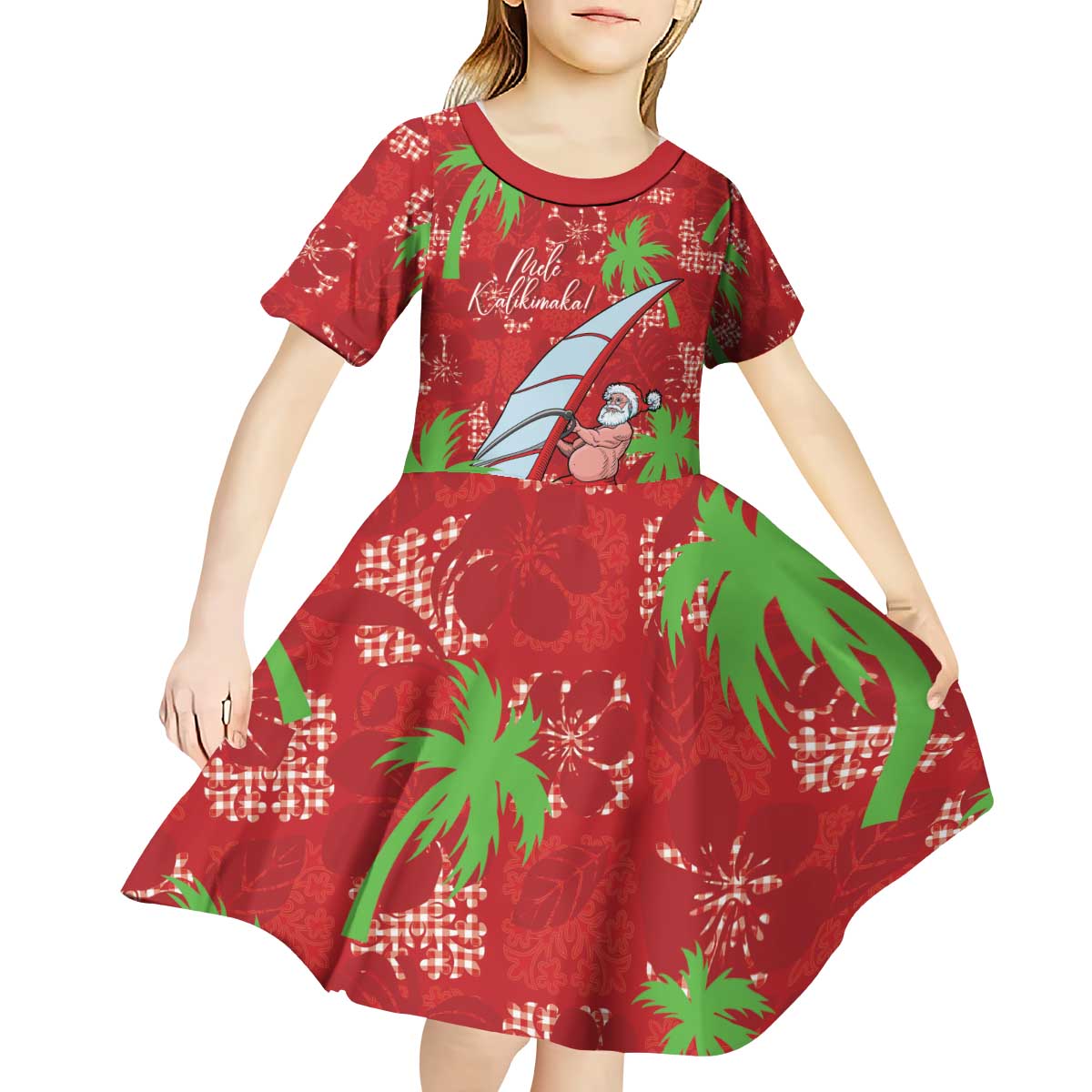 Aloha Hawaii Christmas Kid Short Sleeve Dress Mele Kalikimaka Windsurfing Santa Palaka Quilt Motifs LT14 - Polynesian Pride