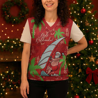 Aloha Hawaii Christmas Knitted V-Neck Vest Mele Kalikimaka Windsurfing Santa Palaka Quilt Motifs - Polynesian Pride