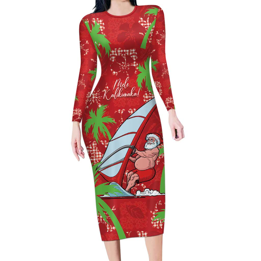 Aloha Hawaii Christmas Long Sleeve Bodycon Dress Mele Kalikimaka Windsurfing Santa Palaka Quilt Motifs LT14 Long Dress Red - Polynesian Pride