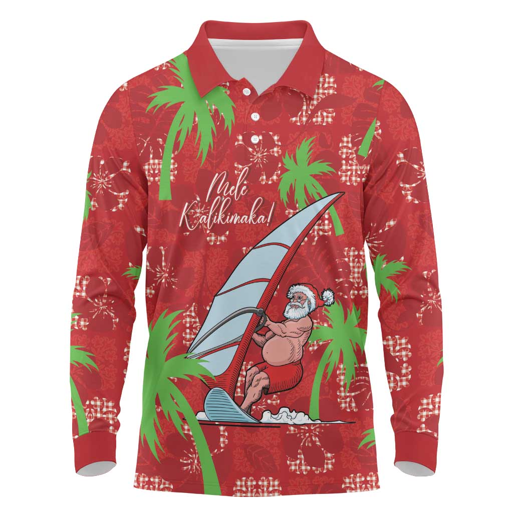 Aloha Hawaii Christmas Long Sleeve Polo Shirt Mele Kalikimaka Windsurfing Santa Palaka Quilt Motifs LT14 Red - Polynesian Pride