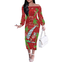 Aloha Hawaii Christmas Off The Shoulder Long Sleeve Dress Mele Kalikimaka Windsurfing Santa Palaka Quilt Motifs LT14 Women Red - Polynesian Pride