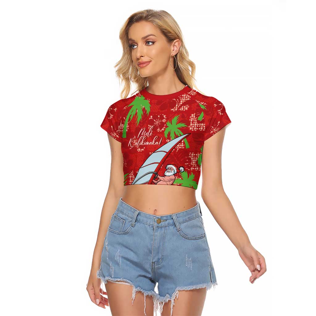 Aloha Hawaii Christmas Raglan Cropped T Shirt Mele Kalikimaka Windsurfing Santa Palaka Quilt Motifs - Polynesian Pride