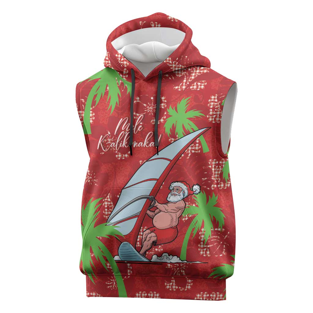 Aloha Hawaii Christmas Sleeveless Hoodie Mele Kalikimaka Windsurfing Santa Palaka Quilt Motifs LT14 Red - Polynesian Pride