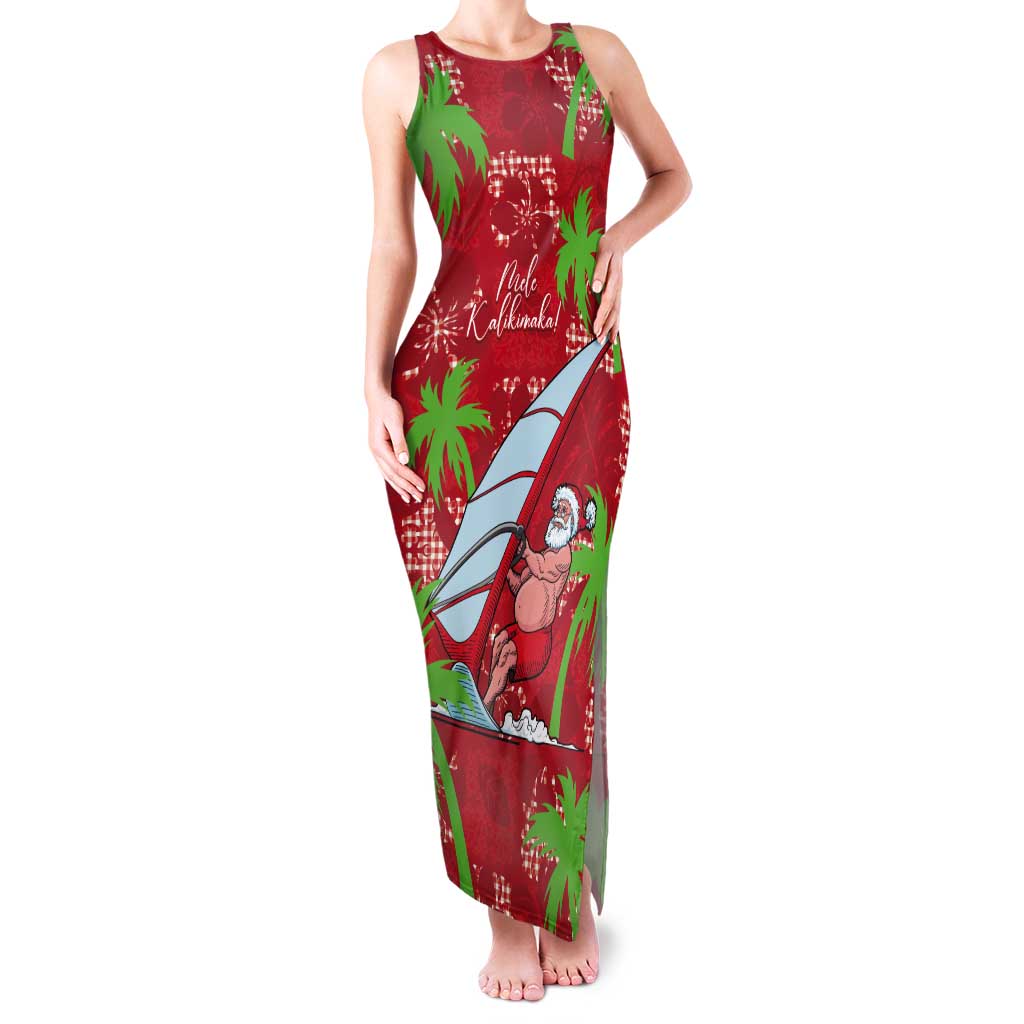 Aloha Hawaii Christmas Tank Maxi Dress Mele Kalikimaka Windsurfing Santa Palaka Quilt Motifs - Polynesian Pride