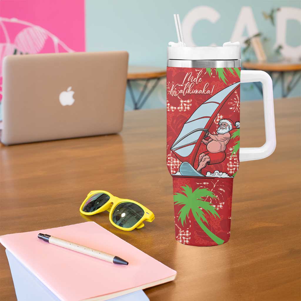 Aloha Hawaii Christmas Tumbler With Handle Mele Kalikimaka Windsurfing Santa Palaka Quilt Motifs - Polynesian Pride