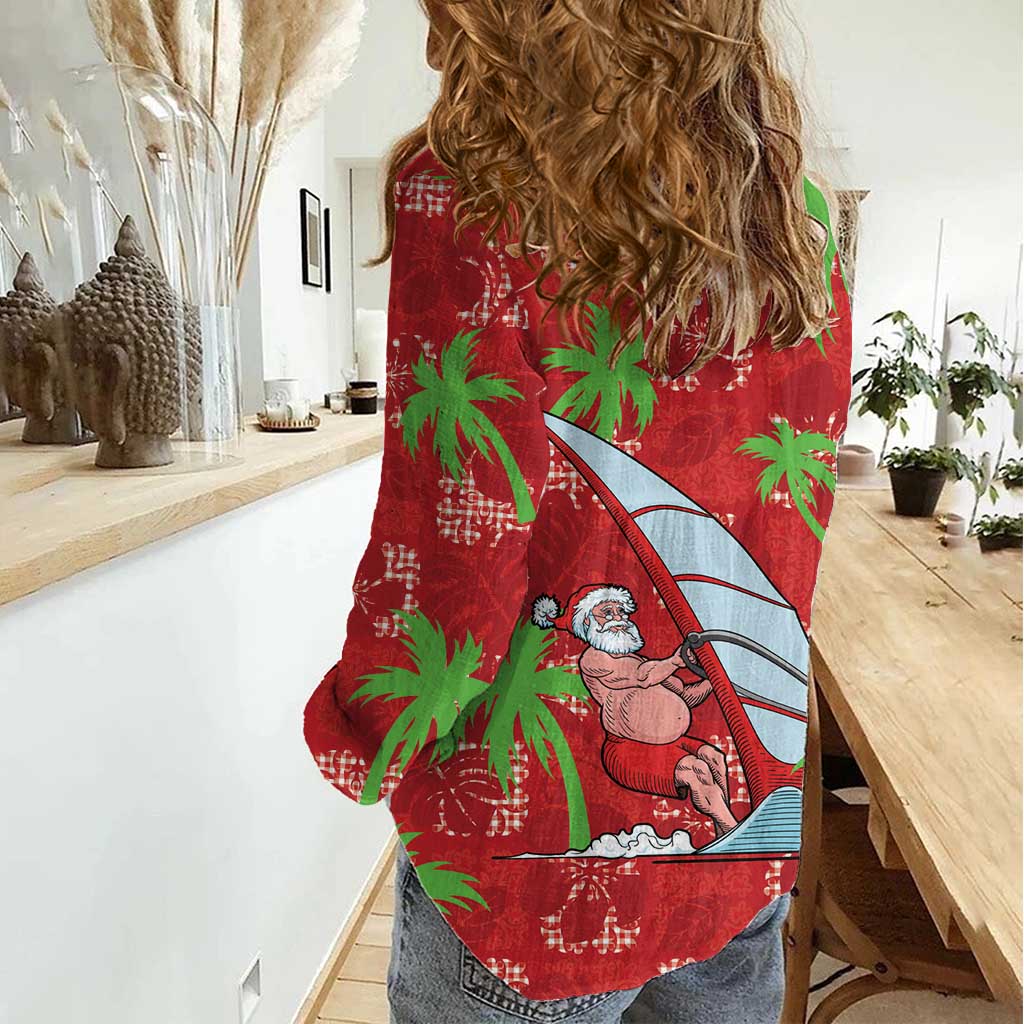 Aloha Hawaii Christmas Women Casual Shirt Mele Kalikimaka Windsurfing Santa Palaka Quilt Motifs LT14 - Polynesian Pride