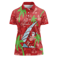 Aloha Hawaii Christmas Women Polo Shirt Mele Kalikimaka Windsurfing Santa Palaka Quilt Motifs LT14 Female Red - Polynesian Pride
