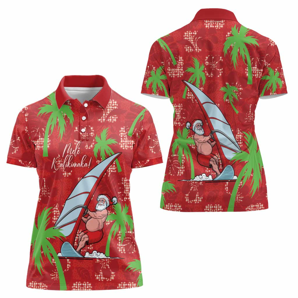 Aloha Hawaii Christmas Women Polo Shirt Mele Kalikimaka Windsurfing Santa Palaka Quilt Motifs LT14 - Polynesian Pride