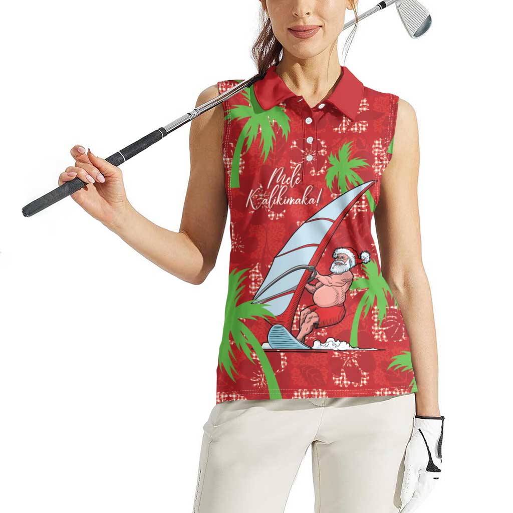 Aloha Hawaii Christmas Women Sleeveless Polo Shirt Mele Kalikimaka Windsurfing Santa Palaka Quilt Motifs LT14 - Polynesian Pride