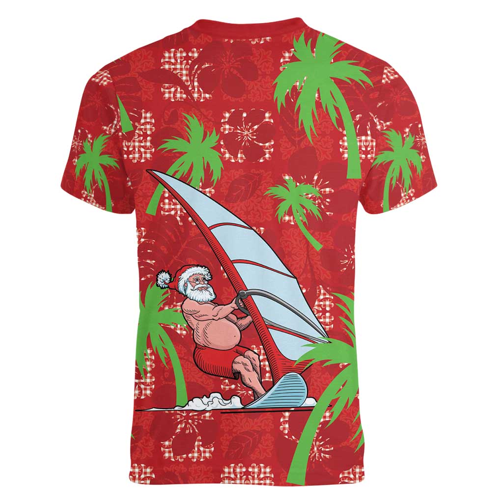 Aloha Hawaii Christmas Women V-Neck T-Shirt Mele Kalikimaka Windsurfing Santa Palaka Quilt Motifs LT14 - Polynesian Pride