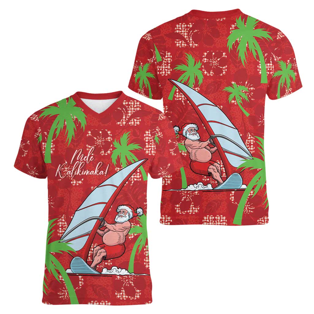 Aloha Hawaii Christmas Women V-Neck T-Shirt Mele Kalikimaka Windsurfing Santa Palaka Quilt Motifs LT14 - Polynesian Pride