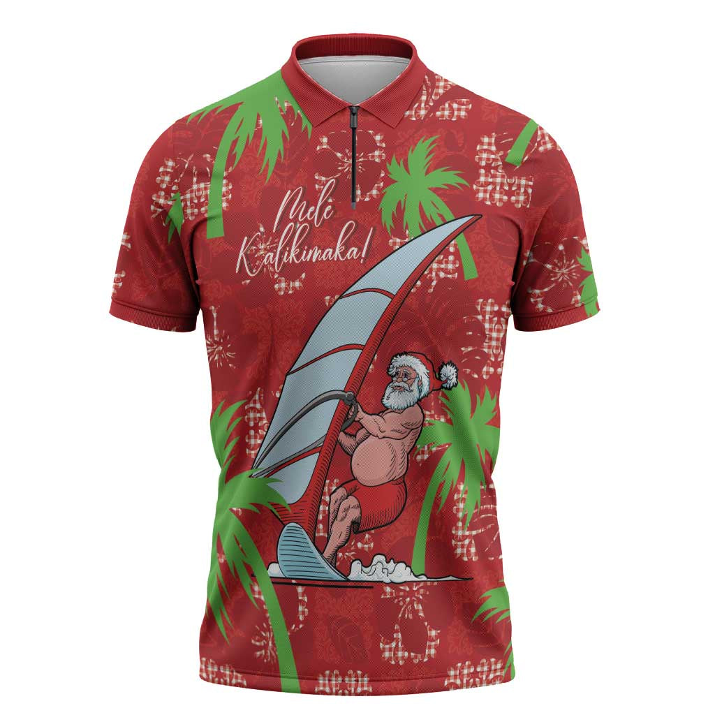 Aloha Hawaii Christmas Zipper Polo Shirt Mele Kalikimaka Windsurfing Santa Palaka Quilt Motifs LT14 Red - Polynesian Pride