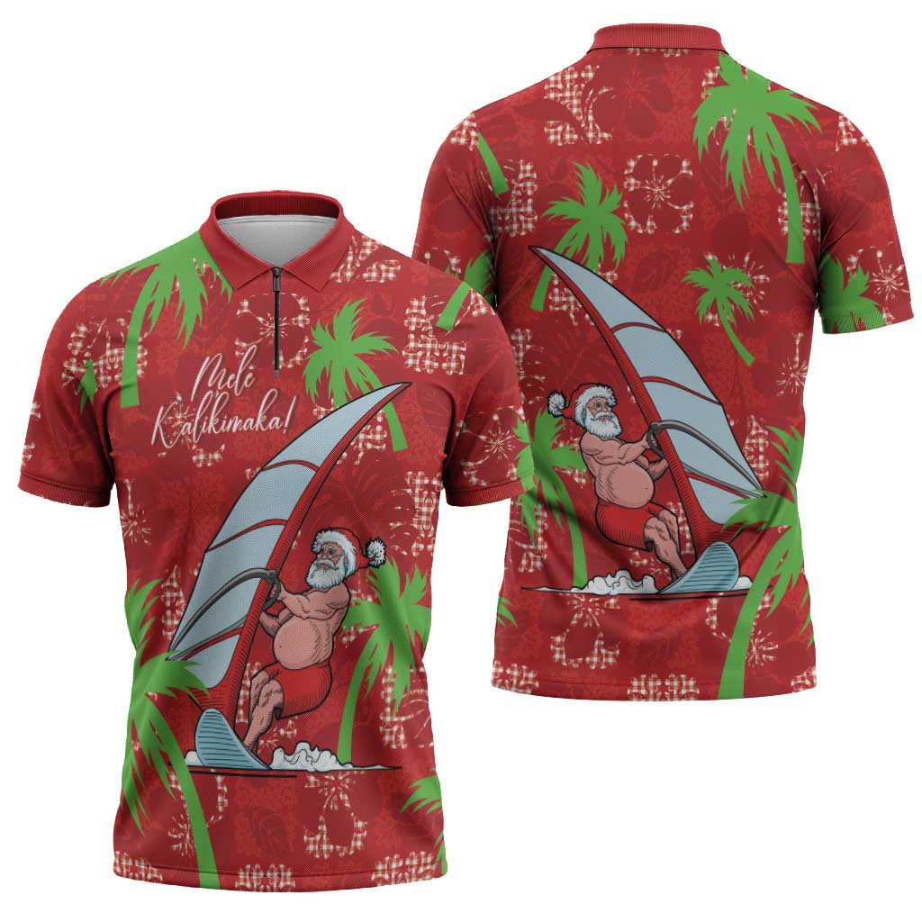 Aloha Hawaii Christmas Zipper Polo Shirt Mele Kalikimaka Windsurfing Santa Palaka Quilt Motifs LT14 - Polynesian Pride