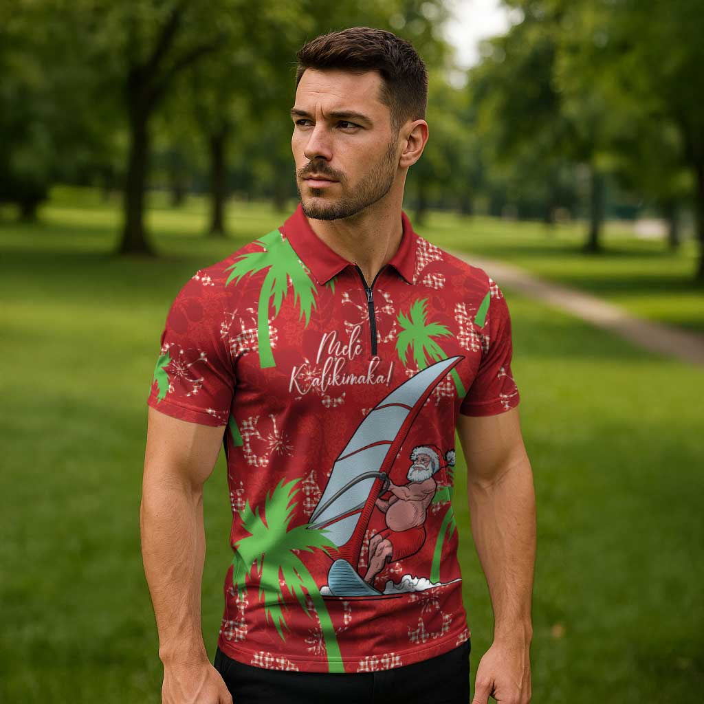 Aloha Hawaii Christmas Zipper Polo Shirt Mele Kalikimaka Windsurfing Santa Palaka Quilt Motifs LT14 - Polynesian Pride