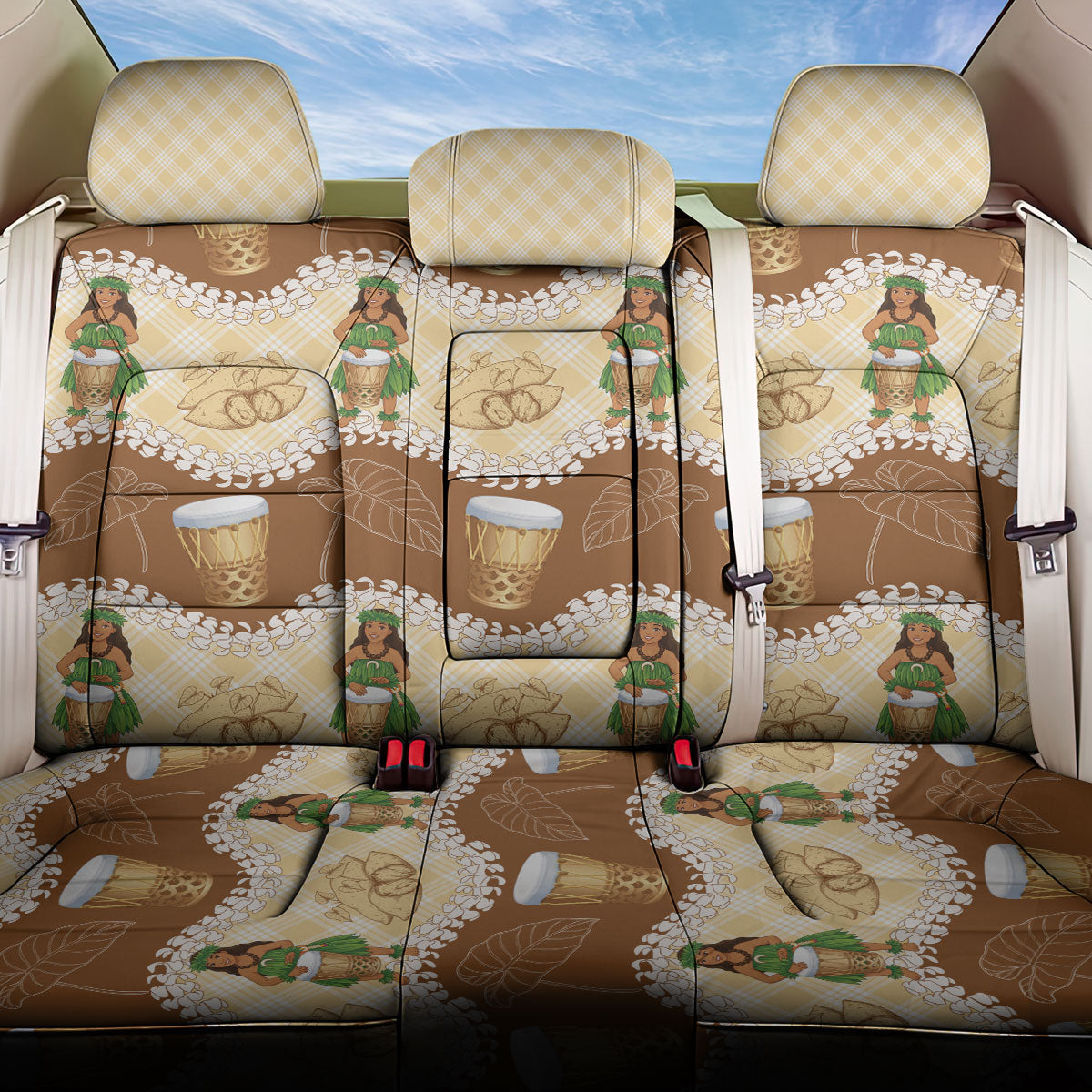 Hula Pahu Hawaii Makahiki Back Car Seat Cover Hawaiian Puakenikeni Lei Kalo Uala Palaka Motifs LT14 One Size Brown - Polynesian Pride