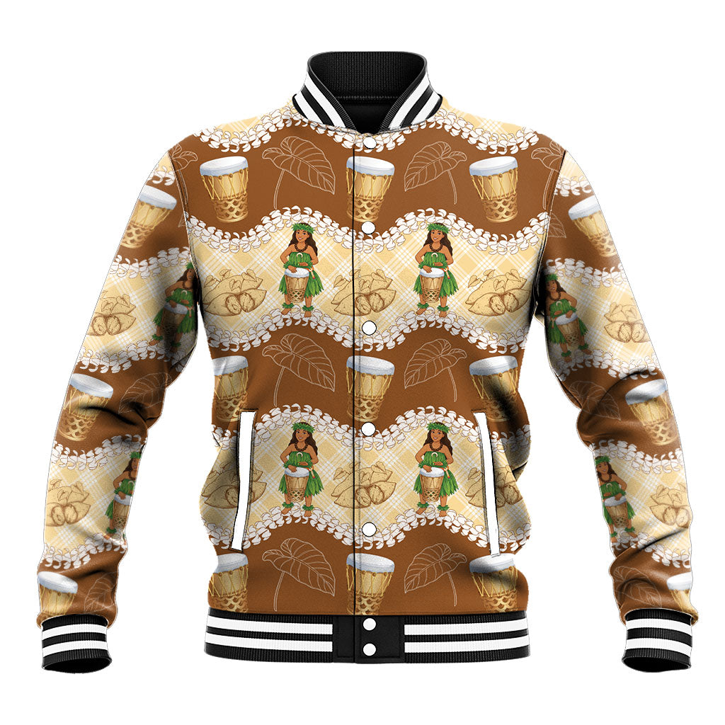 Hula Pahu Hawaii Makahiki Baseball Jacket Hawaiian Puakenikeni Lei Kalo Uala Palaka Motifs