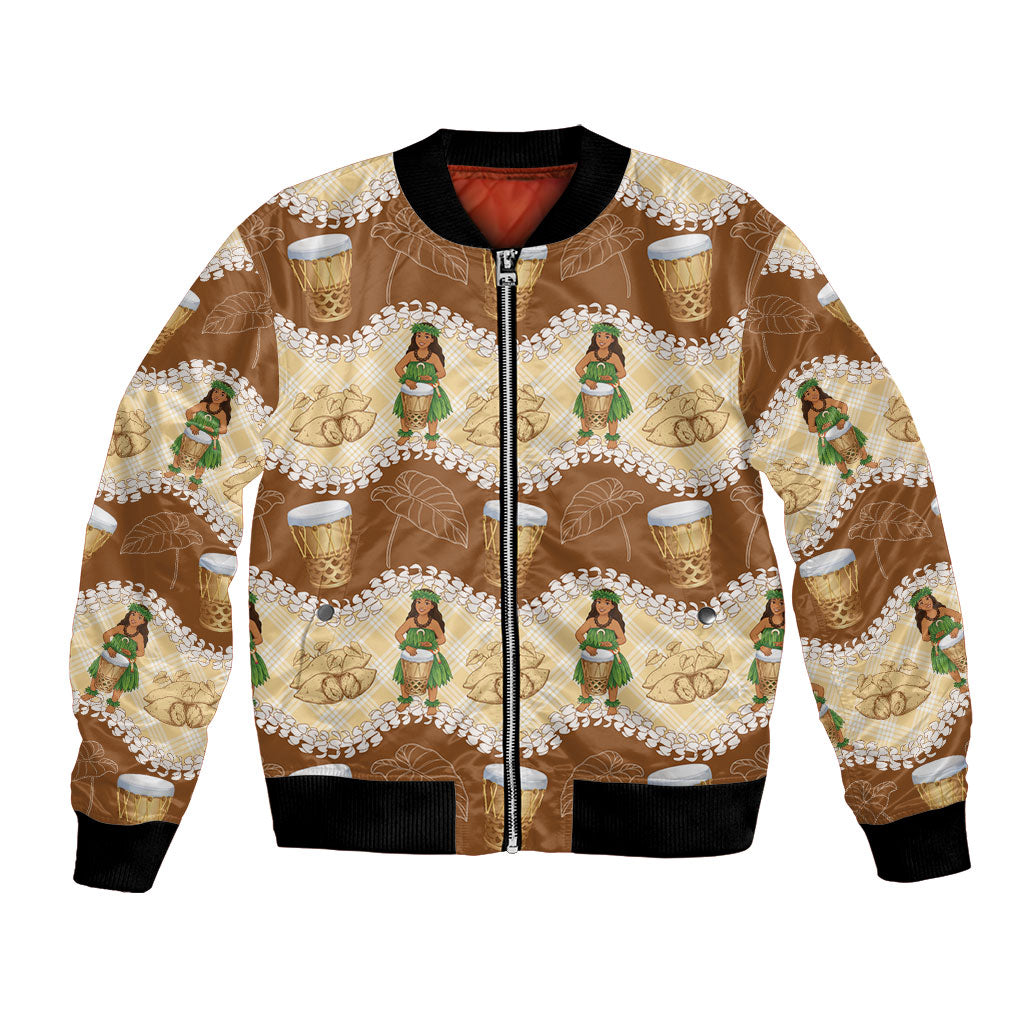 Hula Pahu Hawaii Makahiki Bomber Jacket Hawaiian Puakenikeni Lei Kalo Uala Palaka Motifs LT14 Unisex Brown - Polynesian Pride