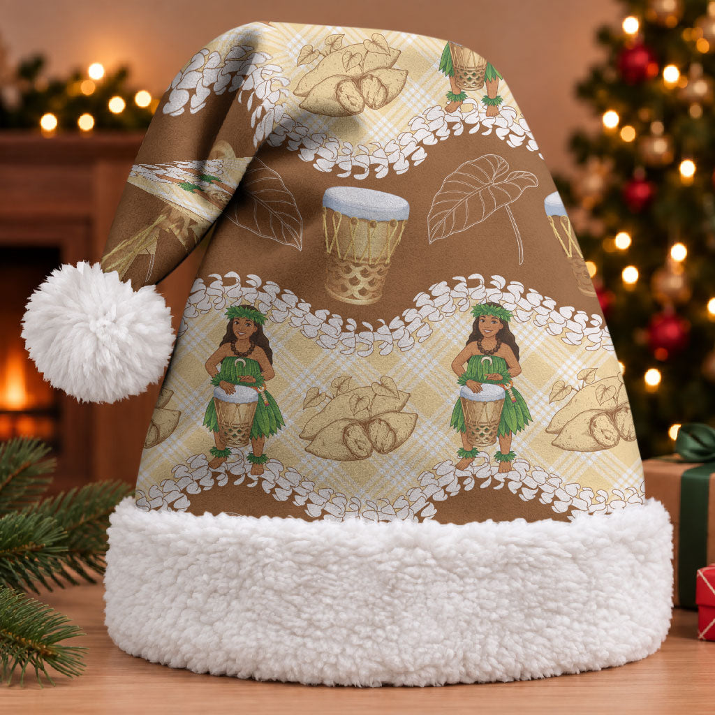 Hula Pahu Hawaii Makahiki Christmas Santa Hat Hawaiian Puakenikeni Lei Kalo Uala Palaka Motifs LT14 With Fur Brown - Polynesian Pride