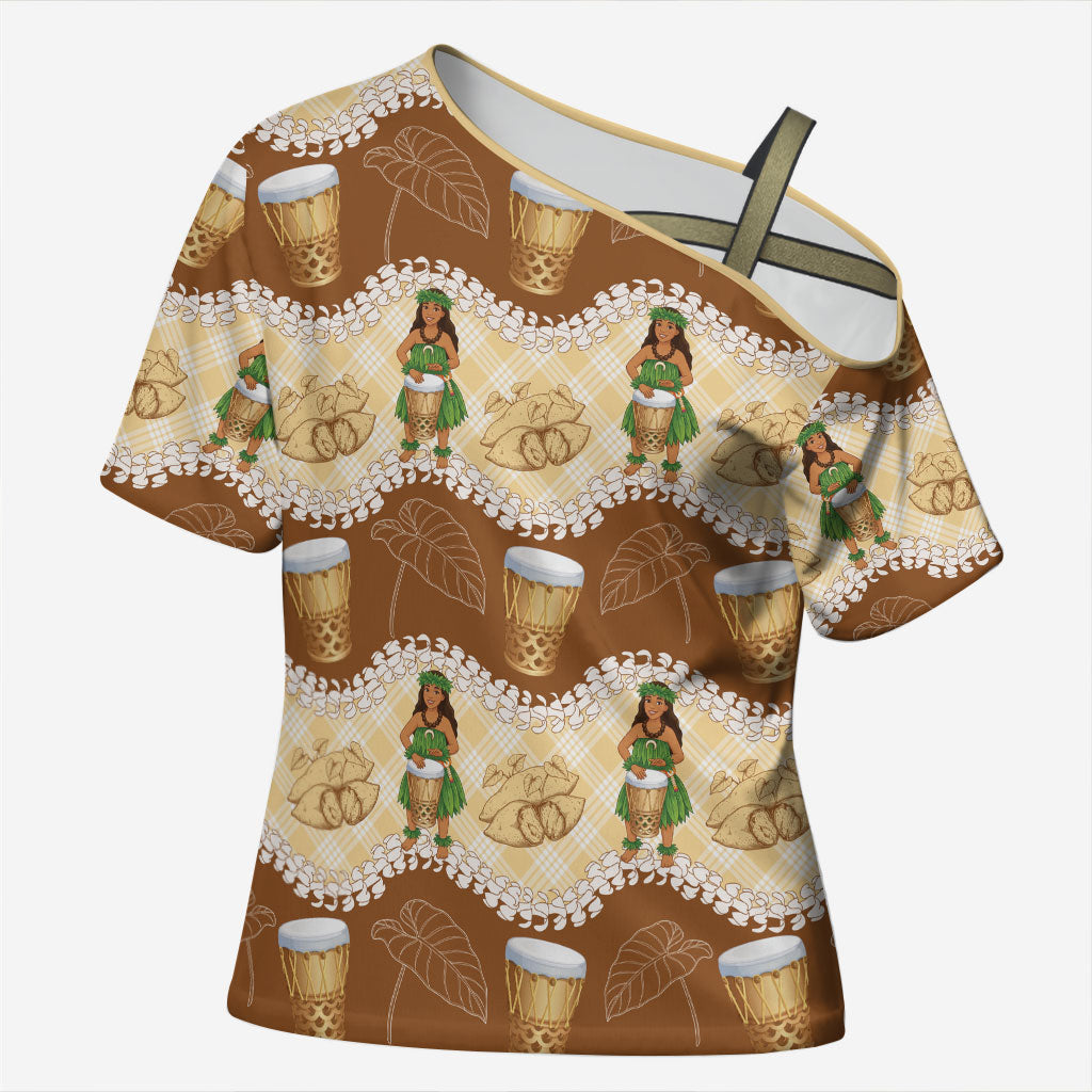 Hula Pahu Hawaii Makahiki Cross Shoulder Shirt Hawaiian Puakenikeni Lei Kalo Uala Palaka Motifs