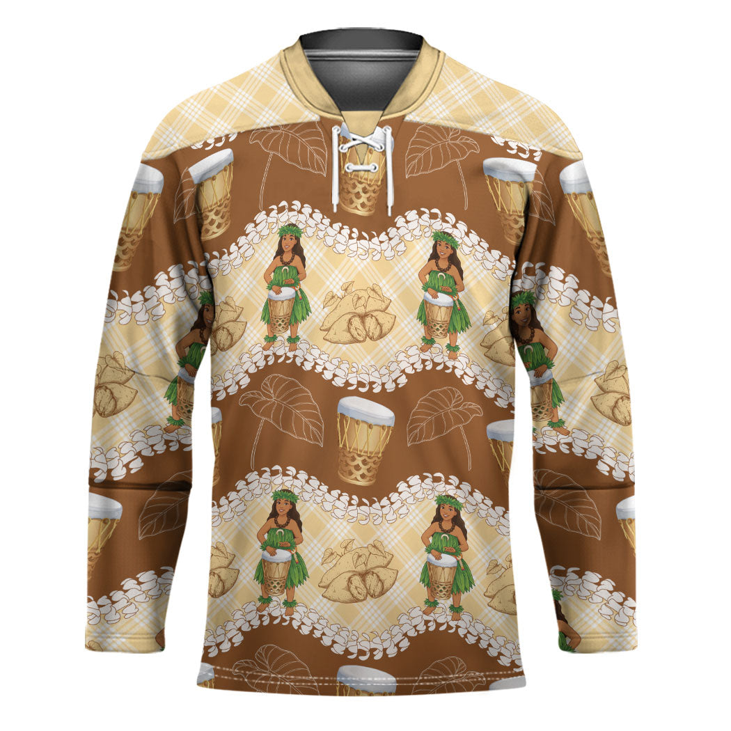 Hula Pahu Hawaii Makahiki Hockey Jersey Hawaiian Puakenikeni Lei Kalo Uala Palaka Motifs LT14 Unisex Brown - Polynesian Pride