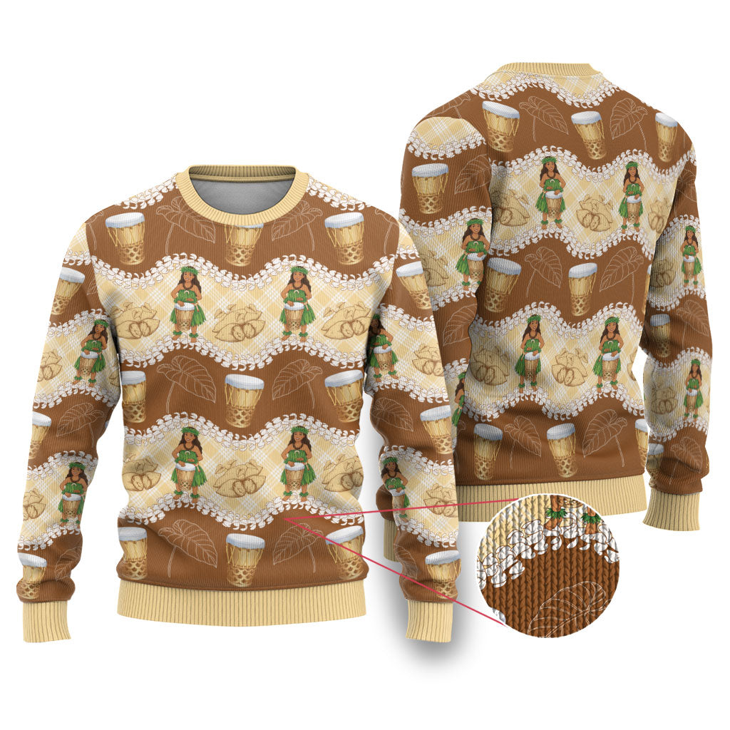Hula Pahu Hawaii Makahiki Ugly Christmas Sweater Hawaiian Puakenikeni Lei Kalo Uala Palaka Motifs LT14 Brown - Polynesian Pride