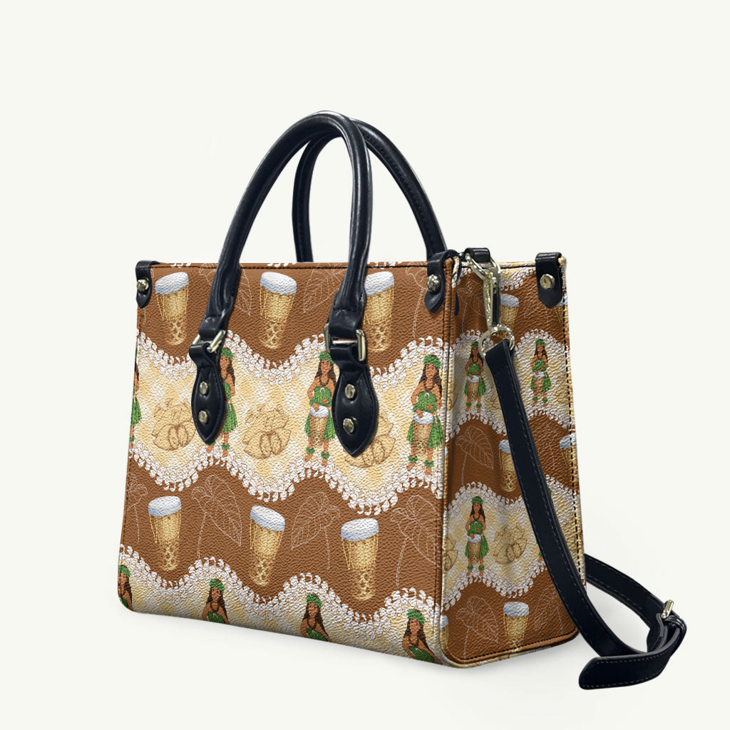 Hula Pahu Hawaii Makahiki Leather Bag Hawaiian Puakenikeni Lei Kalo Uala Palaka Motifs LT14 Brown - Polynesian Pride