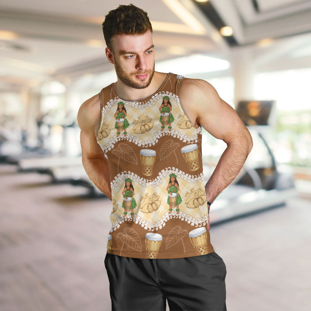 Hula Pahu Hawaii Makahiki Men Tank Top Hawaiian Puakenikeni Lei Kalo Uala Palaka Motifs LT14 Brown - Polynesian Pride