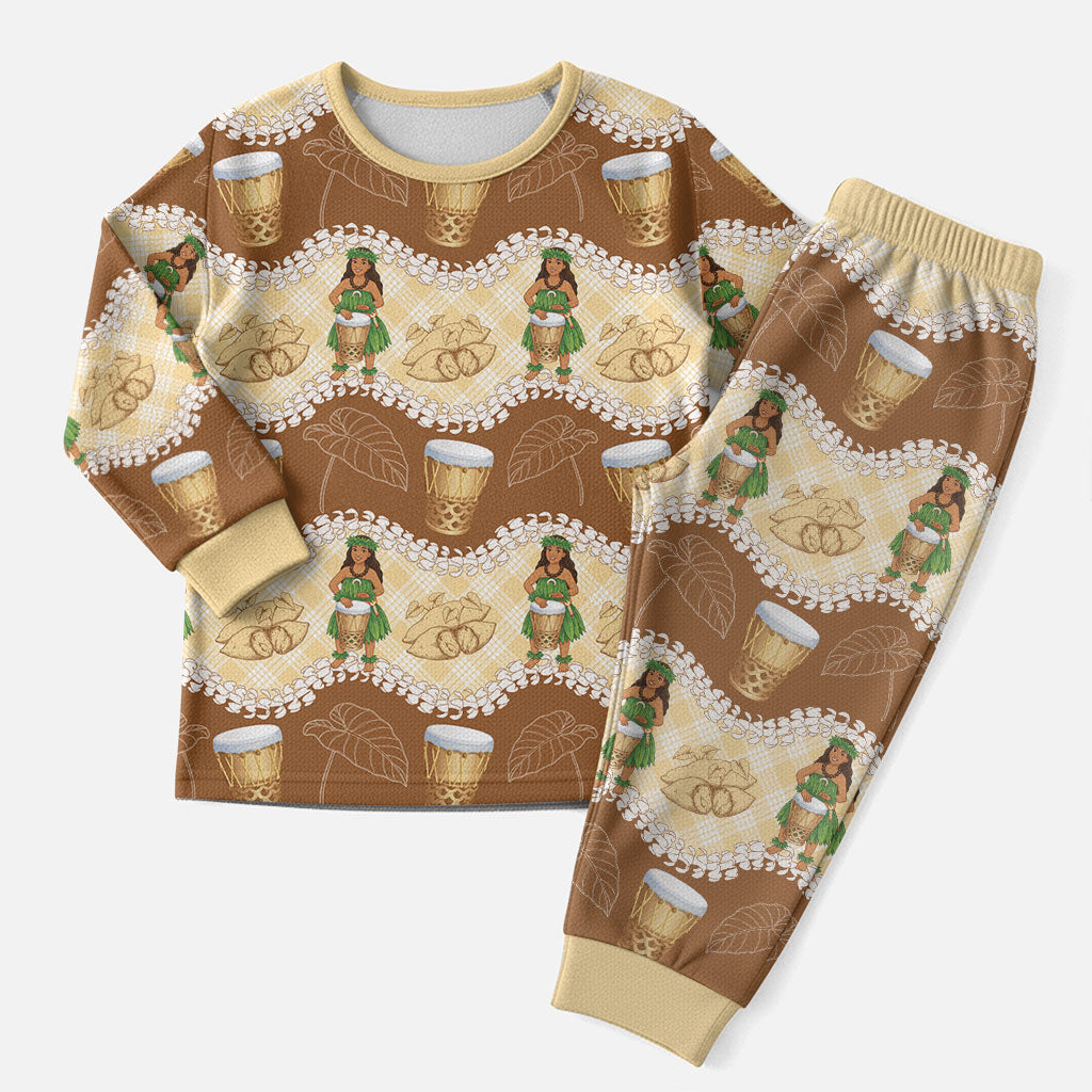 Hula Pahu Hawaii Makahiki Christmas Pajama Set Hawaiian Puakenikeni Lei Kalo Uala Palaka Motifs LT14 Men Brown - Polynesian Pride