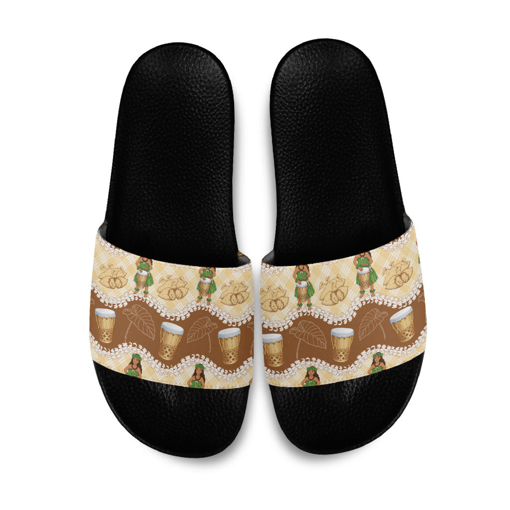 Hula Pahu Hawaii Makahiki Slide Sandals Hawaiian Puakenikeni Lei Kalo Uala Palaka Motifs