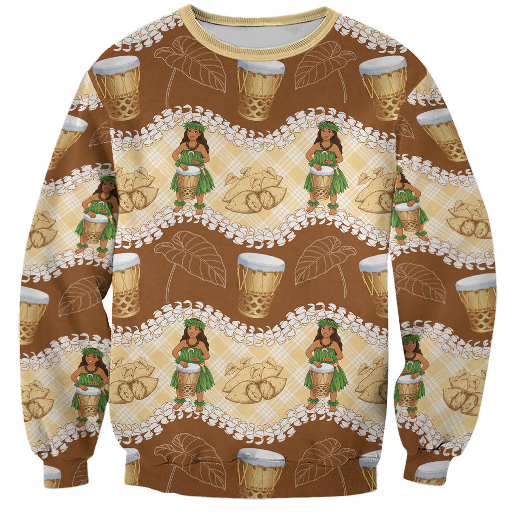 Hula Pahu Hawaii Makahiki Sweatshirt Hawaiian Puakenikeni Lei Kalo Uala Palaka Motifs LT14 Unisex Brown - Polynesian Pride