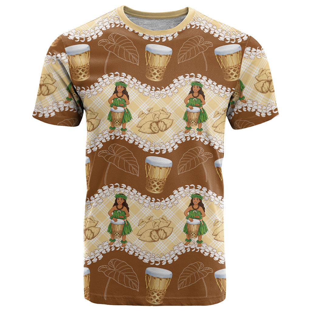 Hula Pahu Hawaii Makahiki T Shirt Hawaiian Puakenikeni Lei Kalo Uala Palaka Motifs LT14 Brown - Polynesian Pride