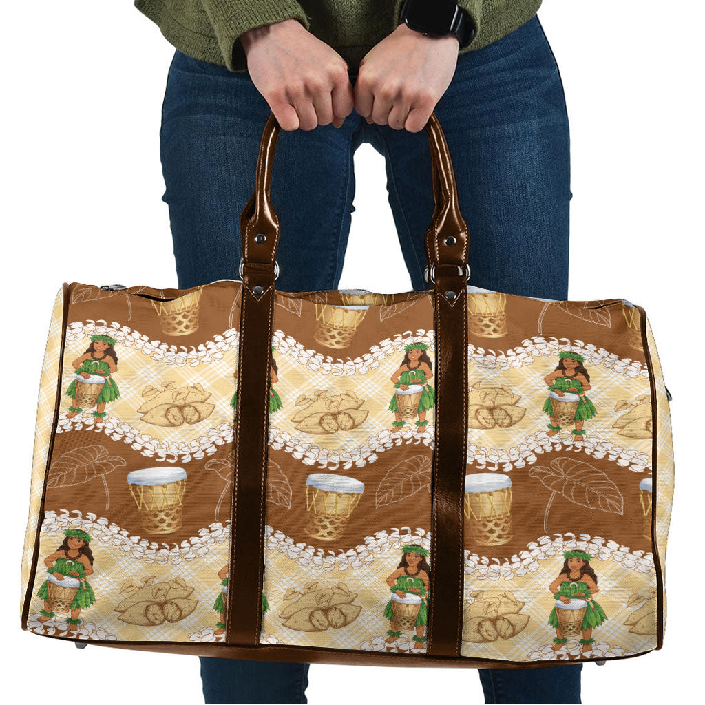 Hula Pahu Hawaii Makahiki Travel Bag Hawaiian Puakenikeni Lei Kalo Uala Palaka Motifs LT14 Brown - Polynesian Pride
