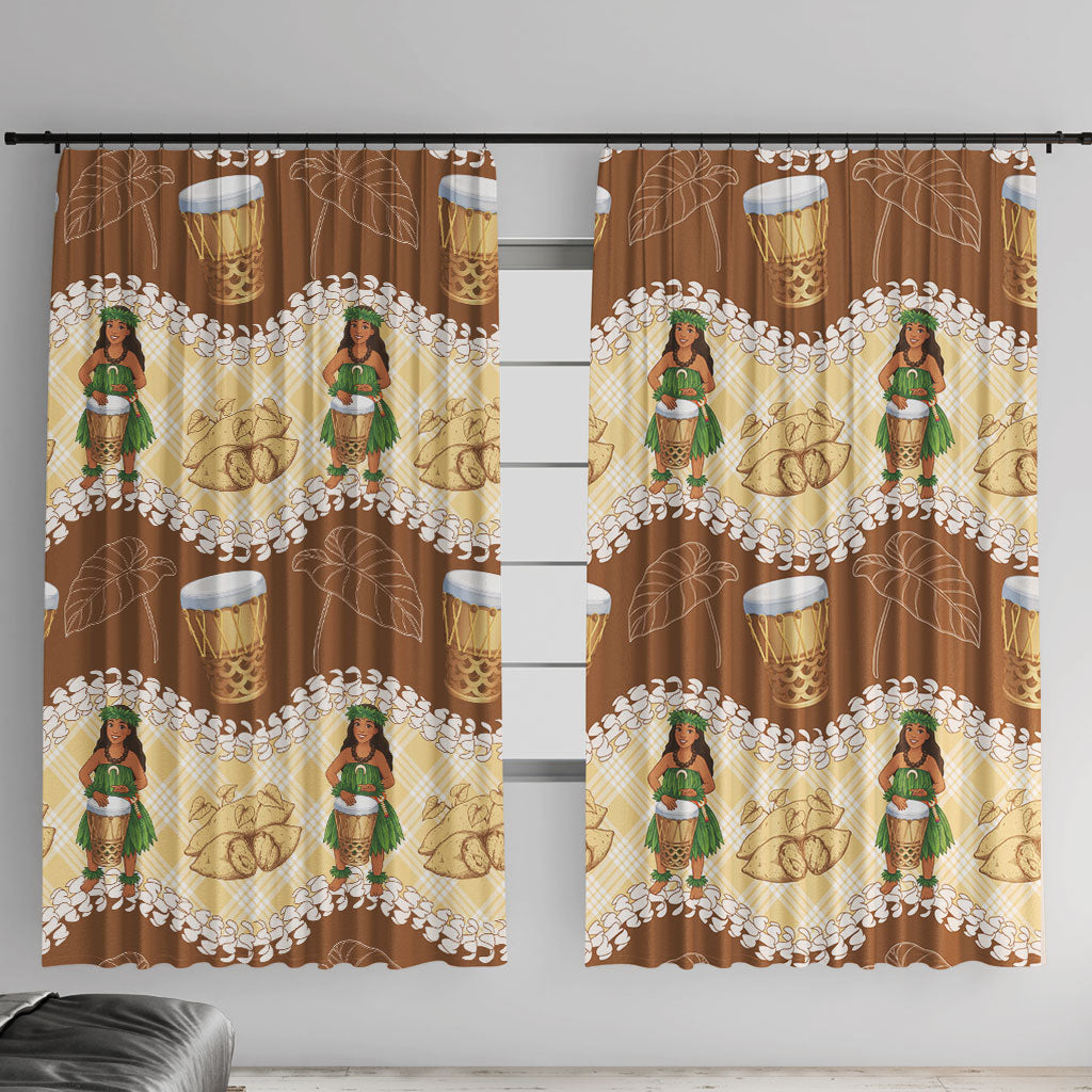 Hula Pahu Hawaii Makahiki Window Curtain Hawaiian Puakenikeni Lei Kalo Uala Palaka Motifs LT14 With Hooks Brown - Polynesian Pride