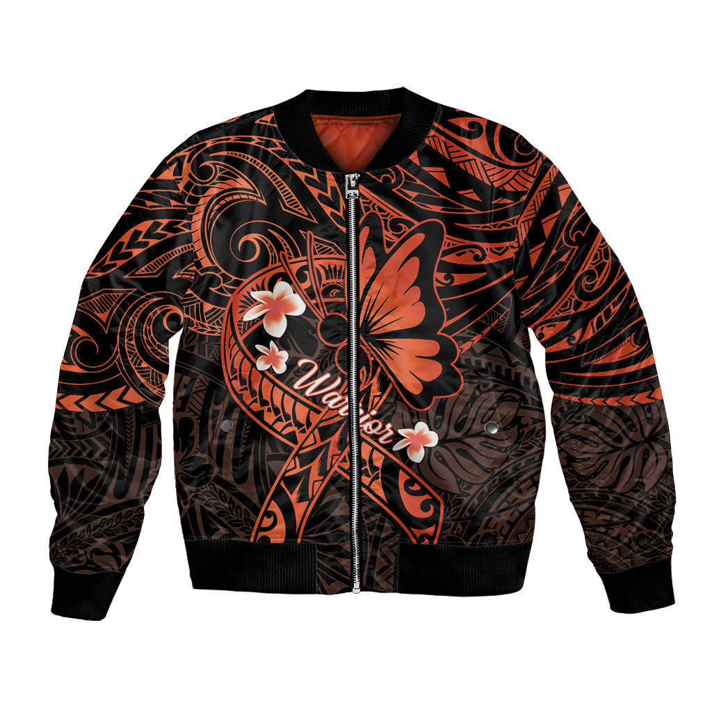 Polynesia Leukemia Awareness Month Bomber Jacket Warrior Butterfly Polynesian Orange Ribbon