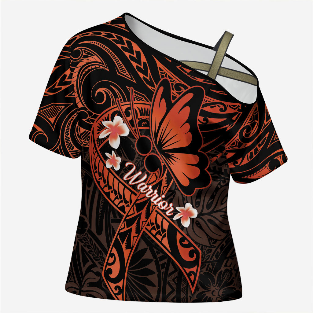Polynesia Leukemia Awareness Month Cross Shoulder Shirt Warrior Butterfly Polynesian Orange Ribbon LT14 Female Orange - Polynesian Pride
